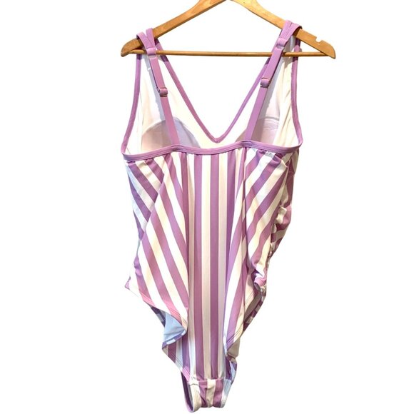 Kona Sol Plus One Piece Purple Stripe Print V-Neck High Leg Swim Suit 22W Plus - Picture 6 of 10